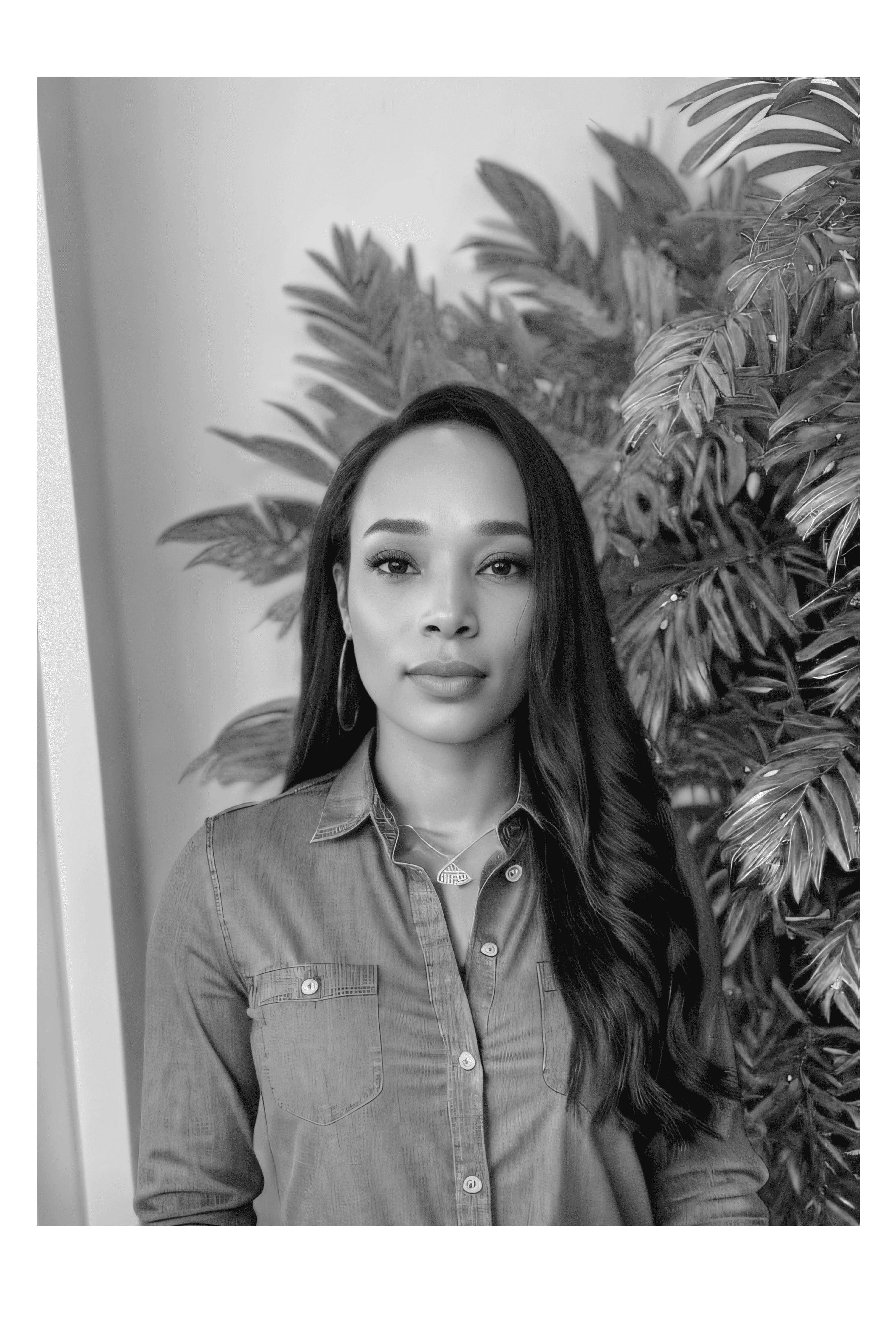 Black and white portrait of a smiling person with curly hair