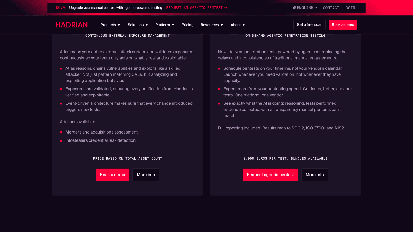 Hadrian pricing page showing Atlas priced on total asset count and Nova at 3,000 euros per test