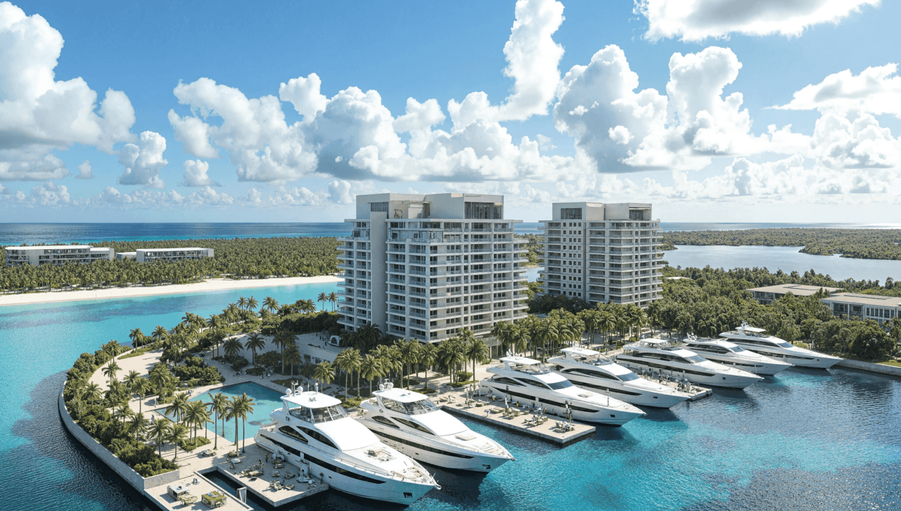 Vista aérea de desarrollo residencial de lujo frente al mar con torres de departamentos, marina con yates y palmeras en el Caribe mexicano.
