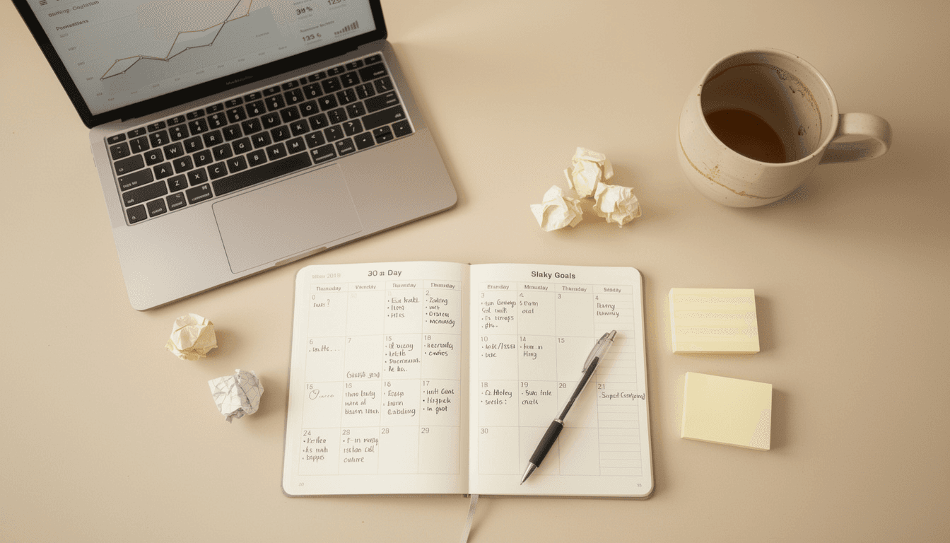 Overhead view of a founder's desk with a 30-day planner, laptop analytics, and sticky notes mapping the first month after launch