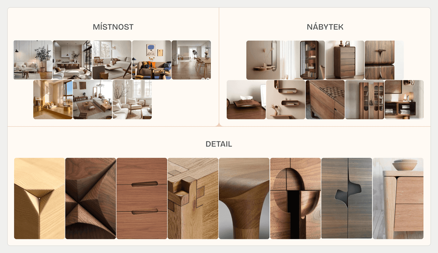 Moodboard značky: místnosti, nábytek a detaily dřeva
