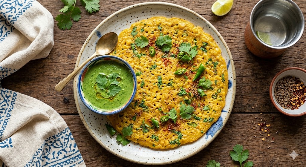Top-down view of a savory Indian moong dal chilla (lentil pancake) on a rustic plate, garnished with fresh coriander and spices, served with a bowl of green chutney and a brass spoon on a wooden table.