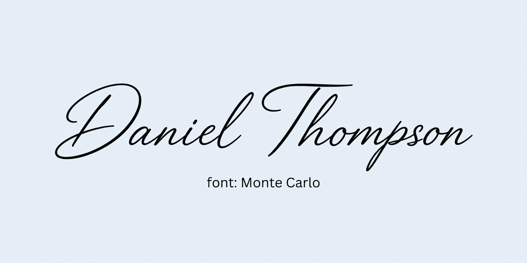 Sample name signed in a cursive signature font on a light background, with the font name labeled below.