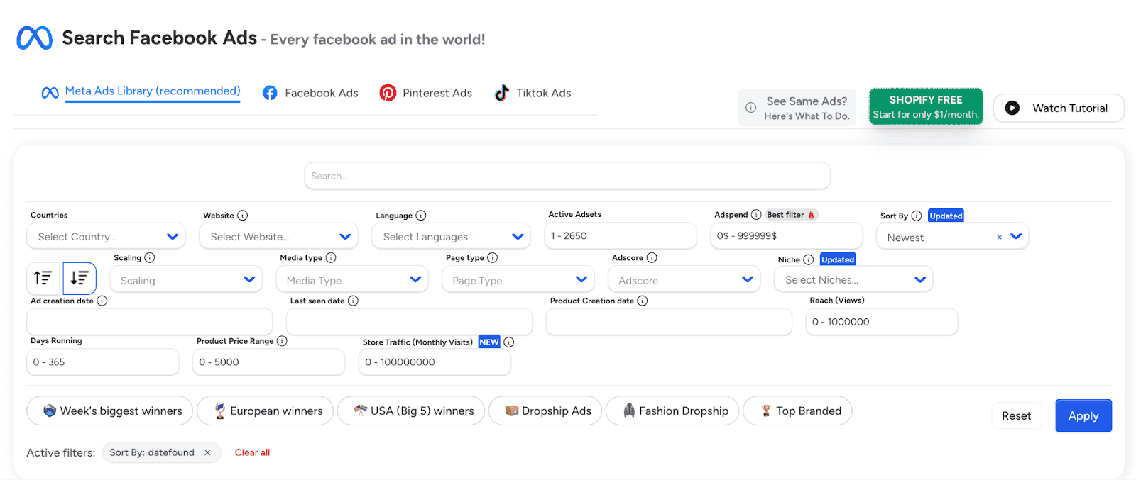 Facebook ads search dashboard with advanced filters