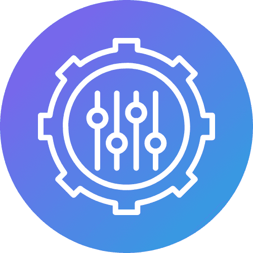 "An icon with interconnected lines and gears, representing flexible implementation options for front-end customization, API integration, and cost-effective CPU inference technology