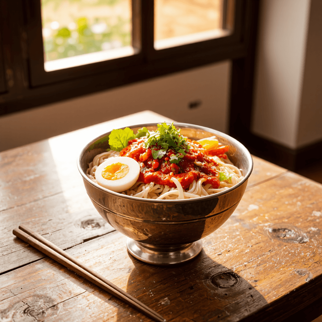 product photography of a bowl of cold noodles topped with spicy sauce and garnishes