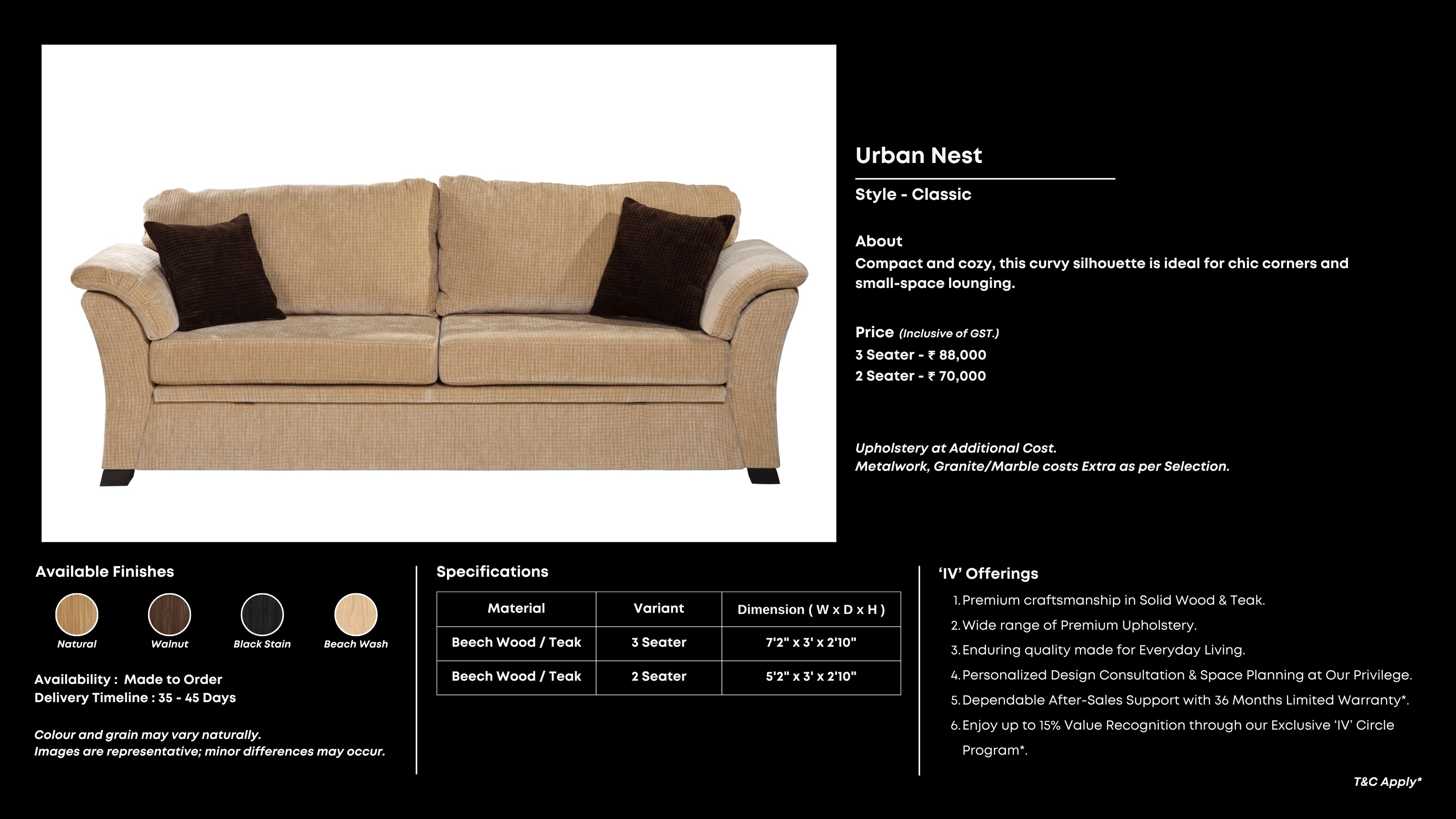 Beige 3-seater with rolled arms and contrast cushions.