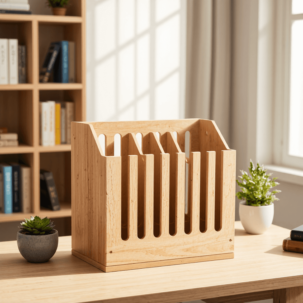 product photography of a wooden organizer with multiple slots for holding items, possibly for office or home use