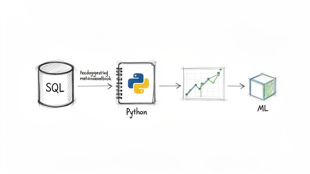 Diagram showing data flowing from SQL database to Python for analysis, visualization, and Machine Learning.