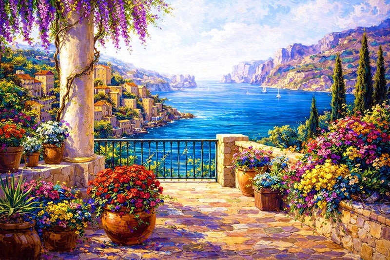 Painting of a scenic coastal town with a balcony, blue river, flowers and houses further away.