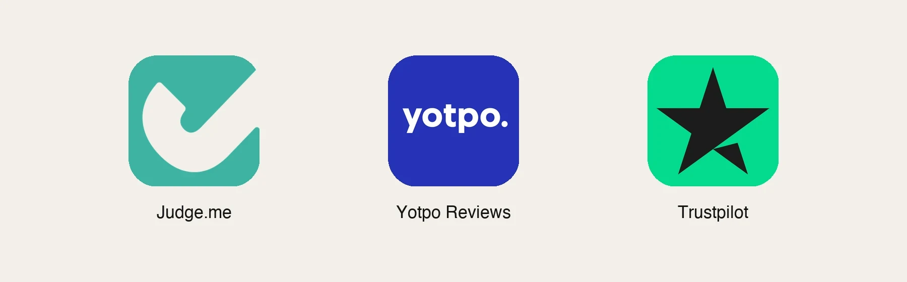 App icons from the Shopify App Store: Judge.me, Yotpo Reviews, Trustpilot