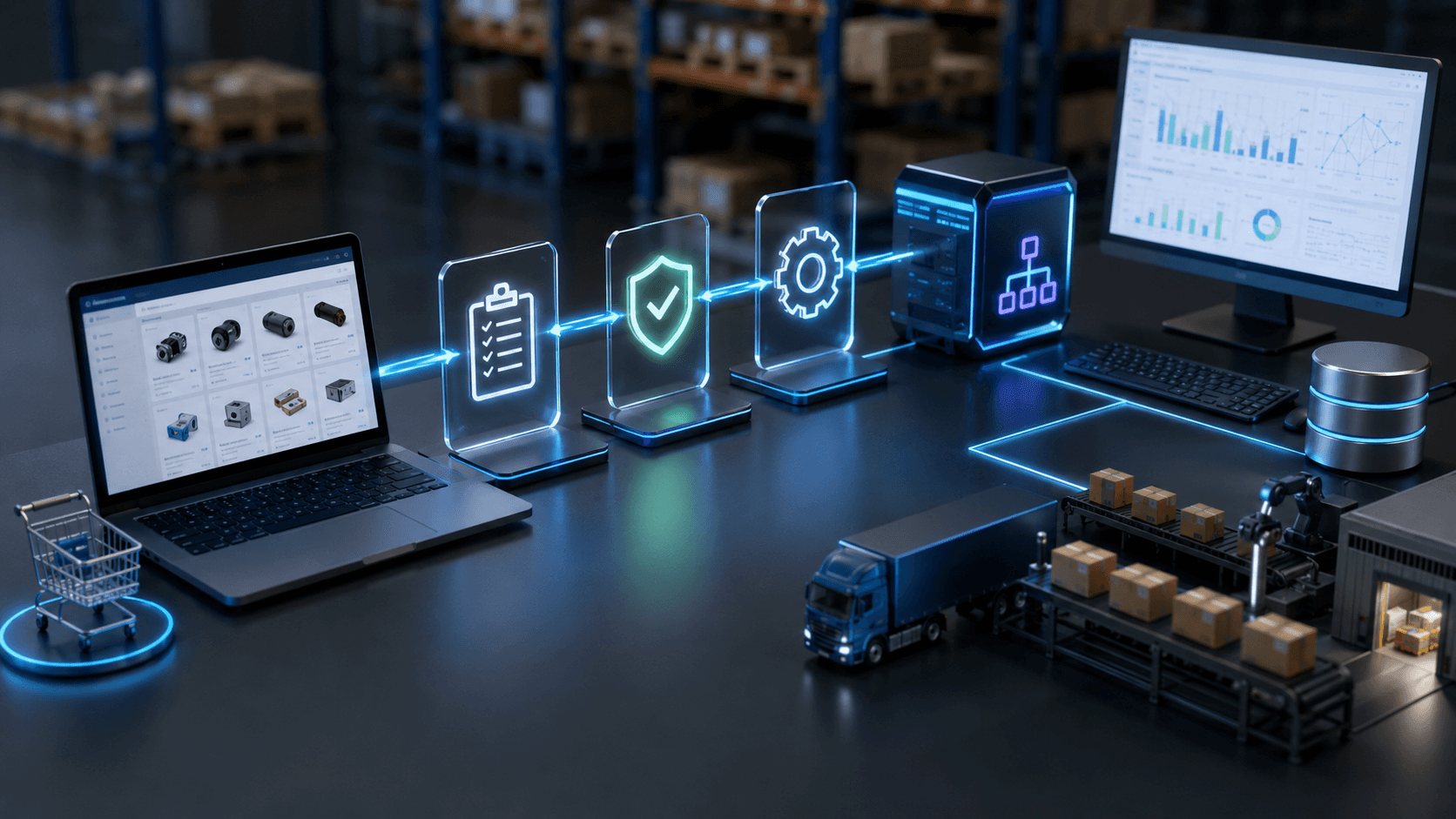 Ilustração 3D realista de um fluxo automatizado de pedidos B2B em um ambiente tecnológico moderno. À esquerda, um portal de pedidos aberto em um notebook com catálogo de produtos industriais. No centro, elementos holográficos conectados representando validação automática, aprovação de crédito e integração de sistemas. À direita, servidores, dashboards de ERP e uma linha logística automatizada com caixas e caminhão em miniatura. Ambiente corporativo escuro com iluminação azul e visual futurista, sem pessoas e sem textos na imagem.