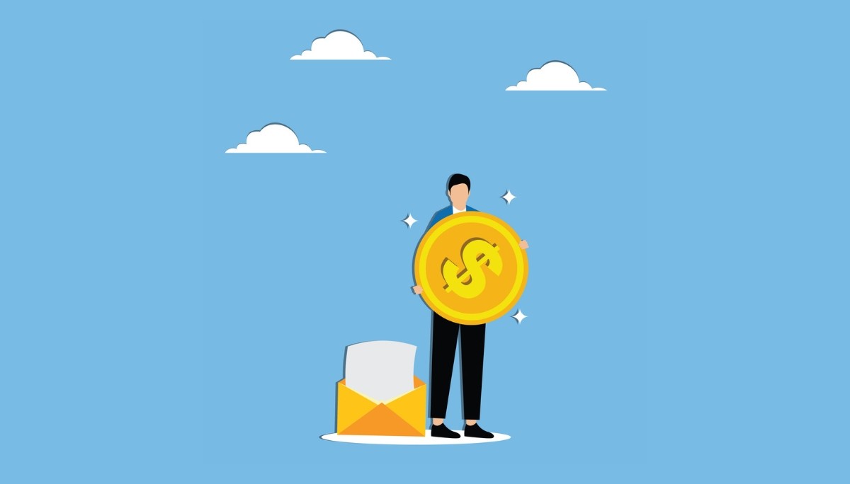 Illustration of a person holding a large gold coin beside an open envelope and document—symbolizing financial negotiation and the process of sending a counter offer letter to improve salary or job terms.