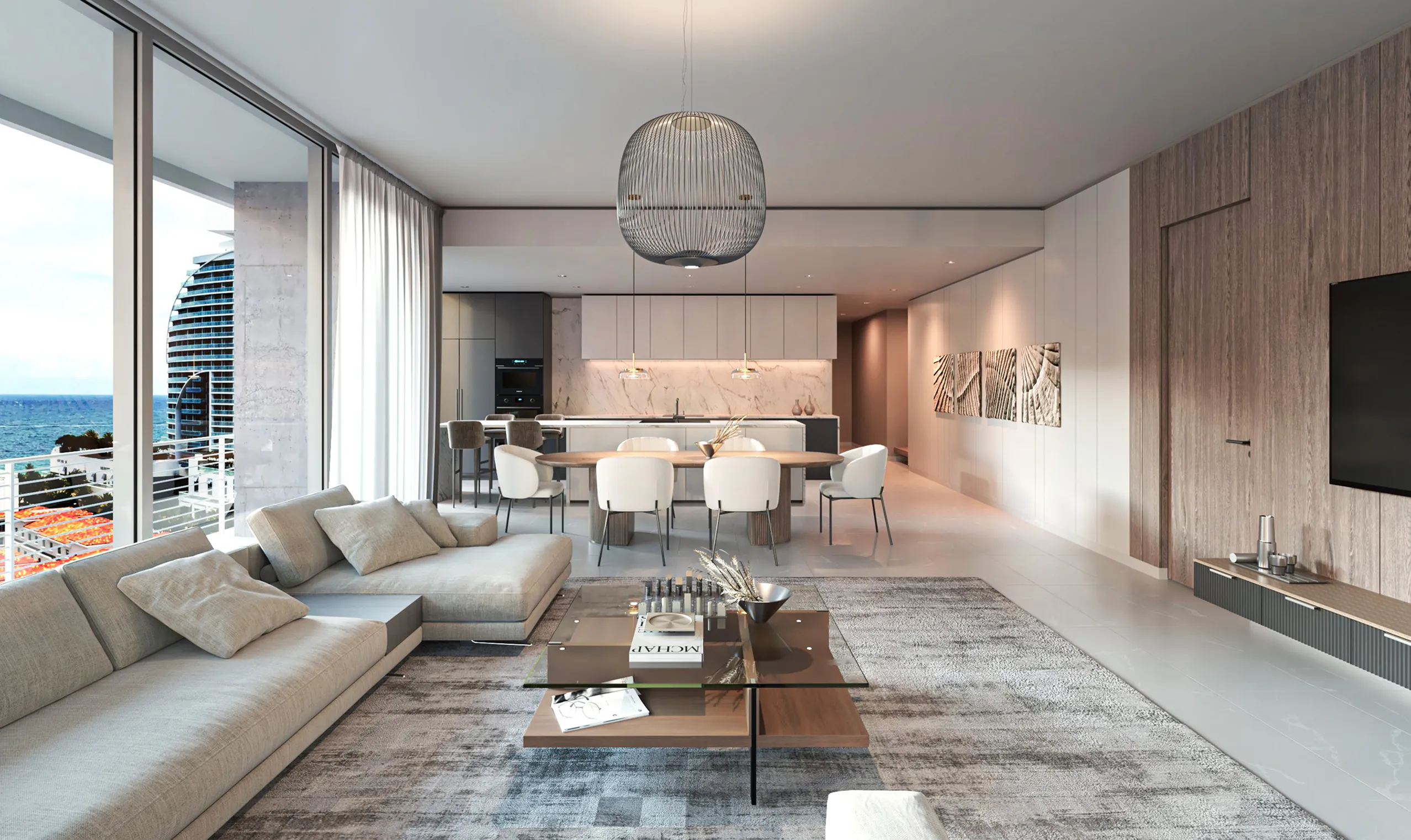 A modern living room featuring a large window with a view of the city skyline.