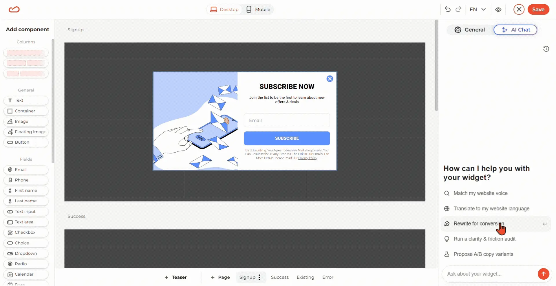 Claspo AI agent copywriting for popups built into the editor