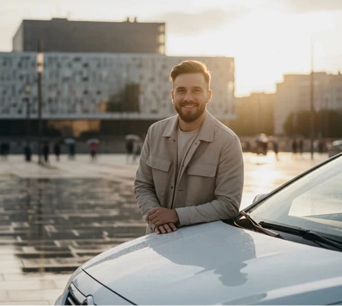 Man standing beside a car in a city square at sunset.