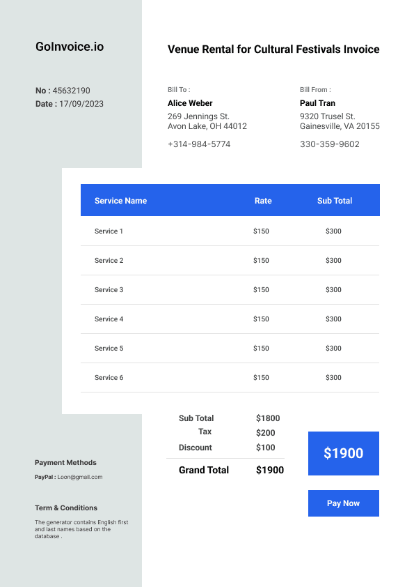 Venue Rental for Cultural Festivals Invoice