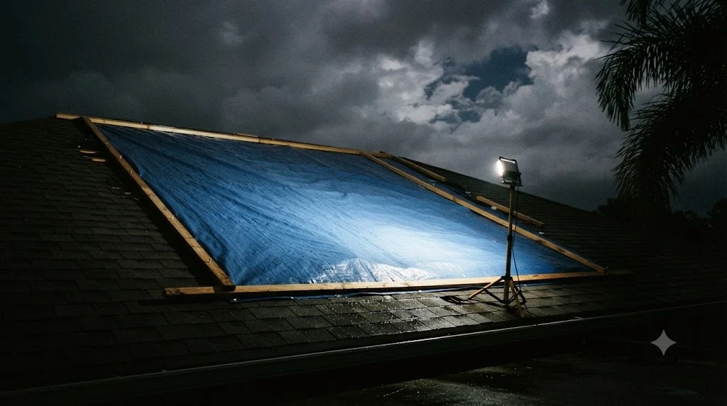 Emergency roof tarp secured with battens over a storm-damaged South Florida roof at night under work lights
