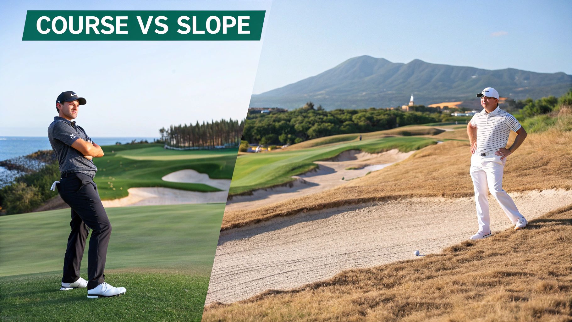 Two golfers on distinct golf course terrains with different slopes and scenic views.