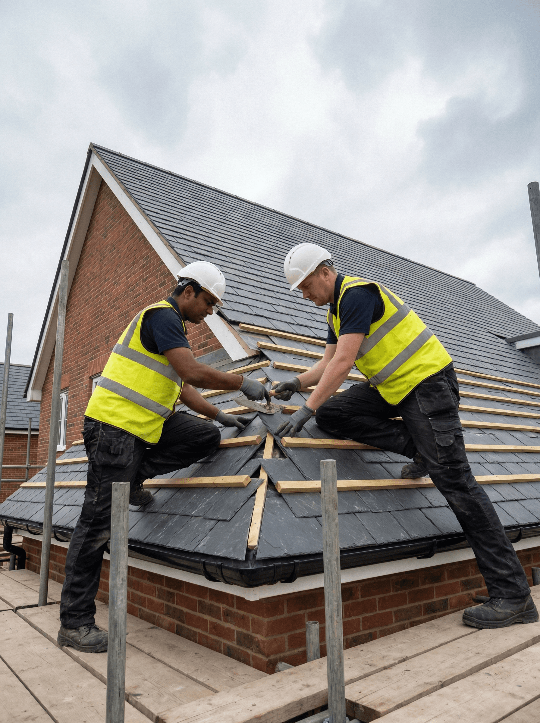 a couple of people that are on a roof