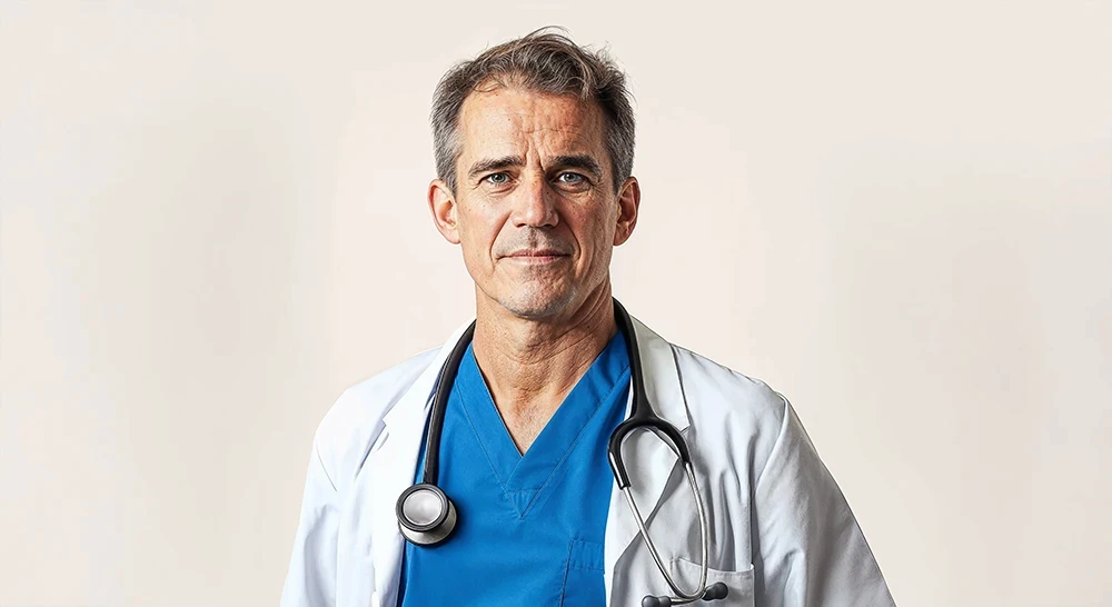 portrait of a male doctor in scrubs and white coat