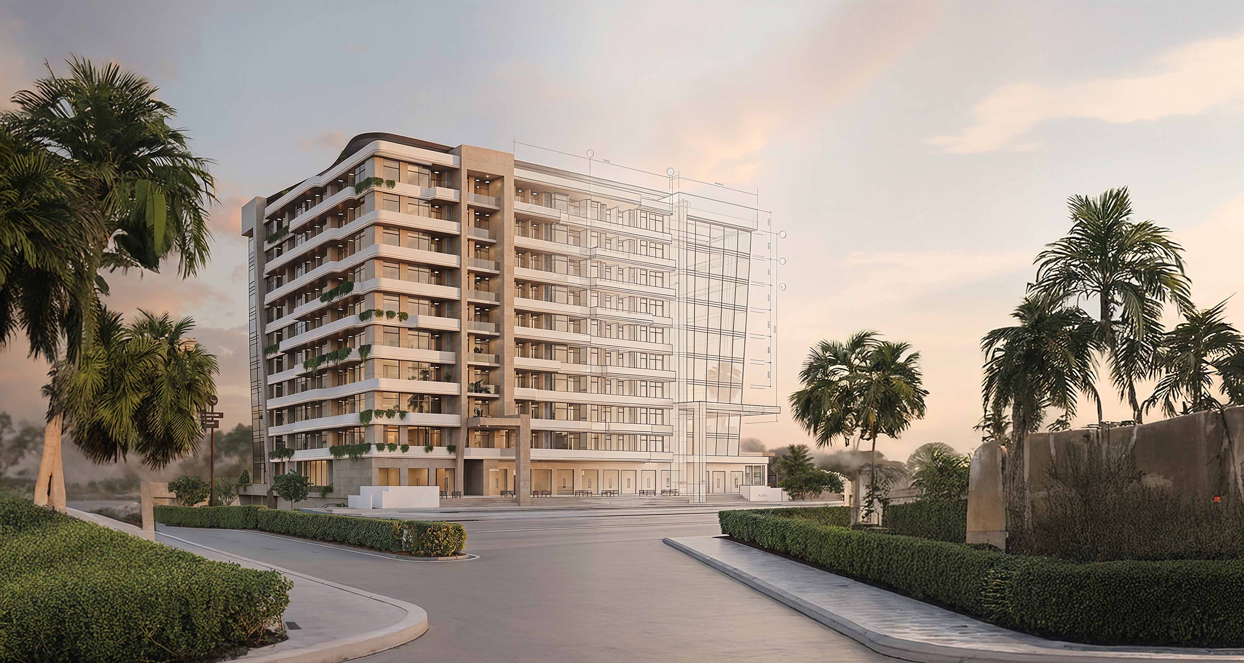 The layout of the Hills Gate Muscat building reflects its enormous size and the number of floors it contains.