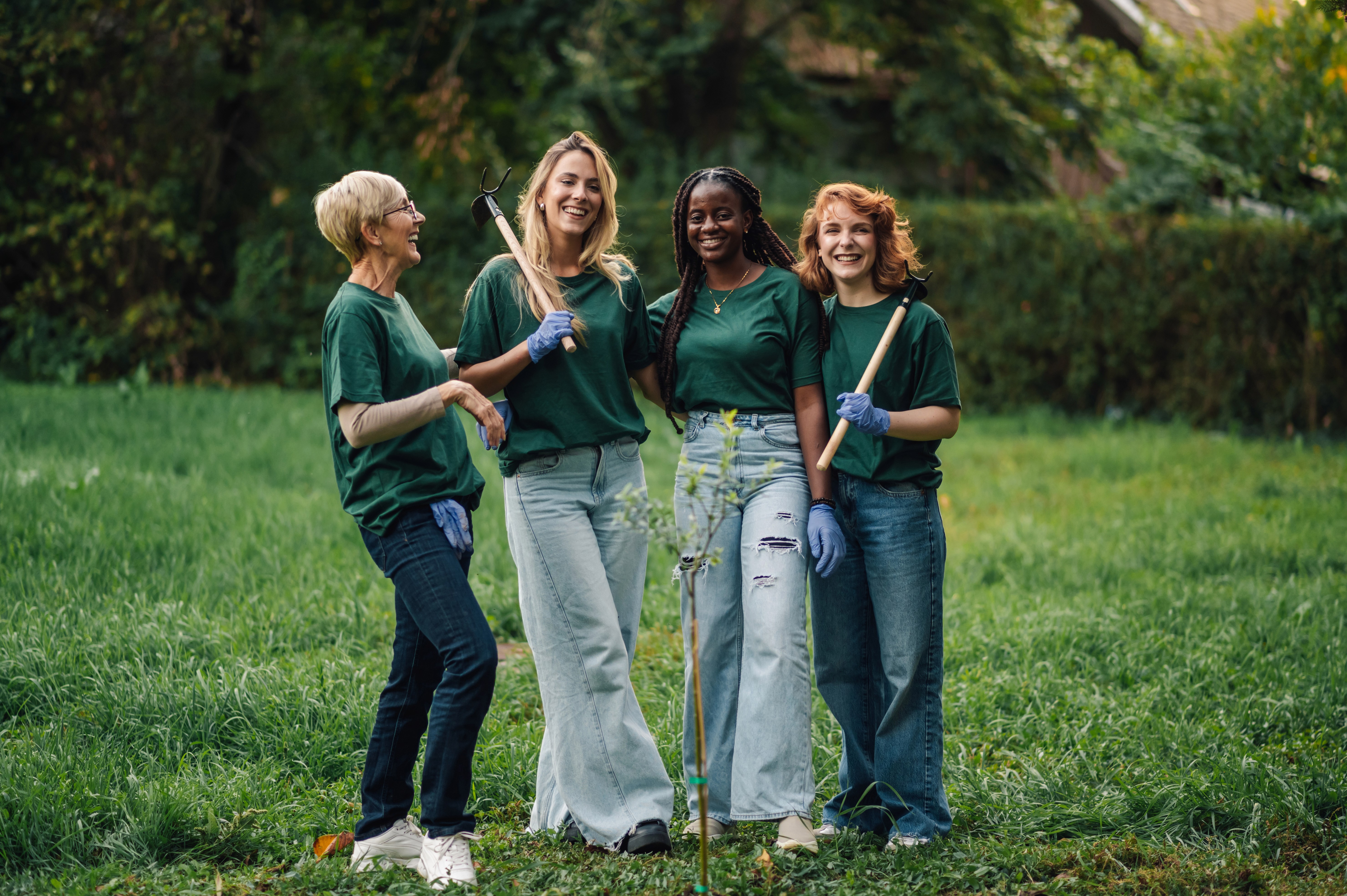 Group of volunteers planting trees in the park