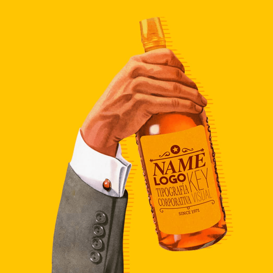 Botella de licor vintage en mano, etiqueta personalizada fondo amarillo.