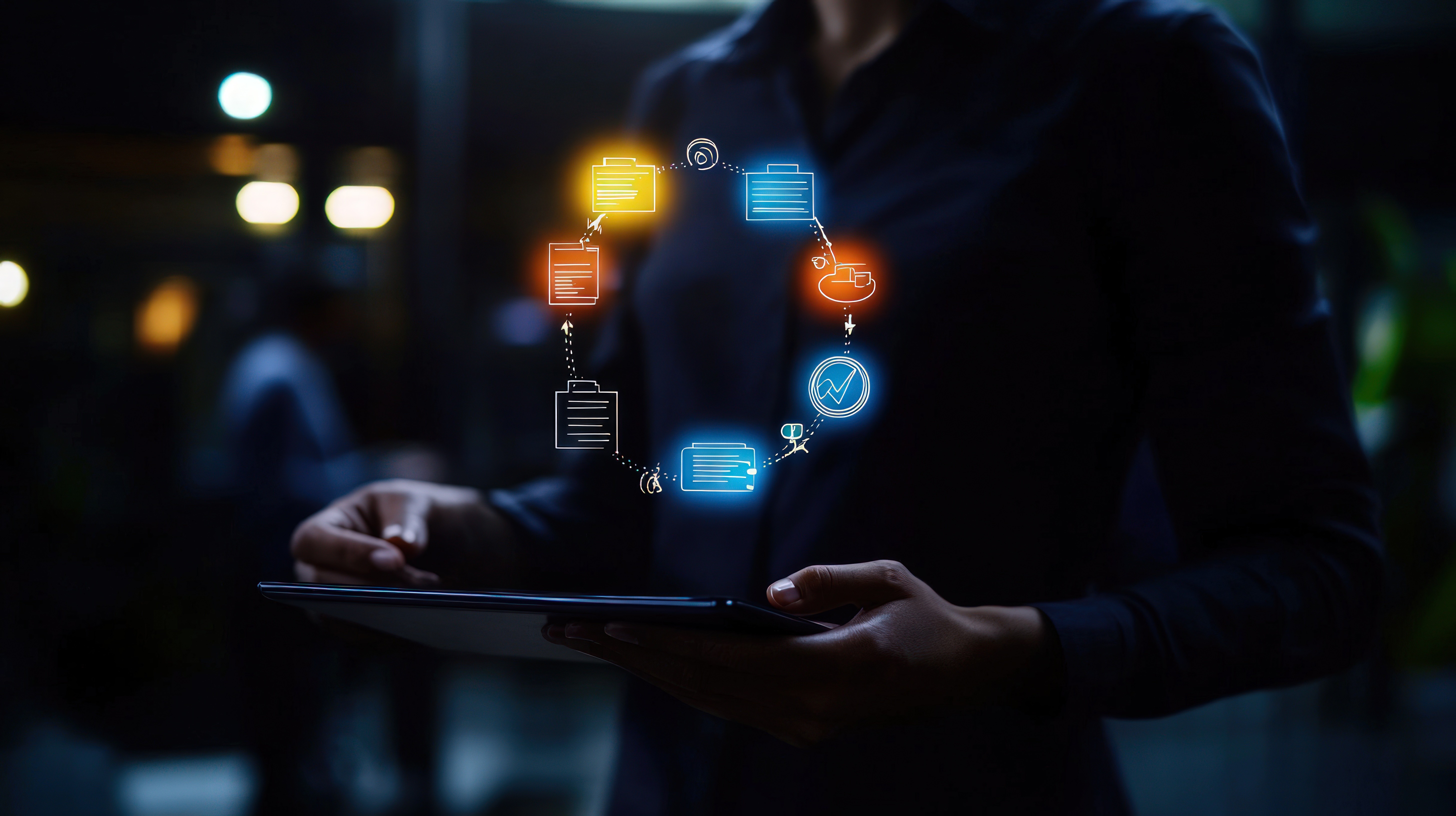 Man planning on sticky notes wall in office