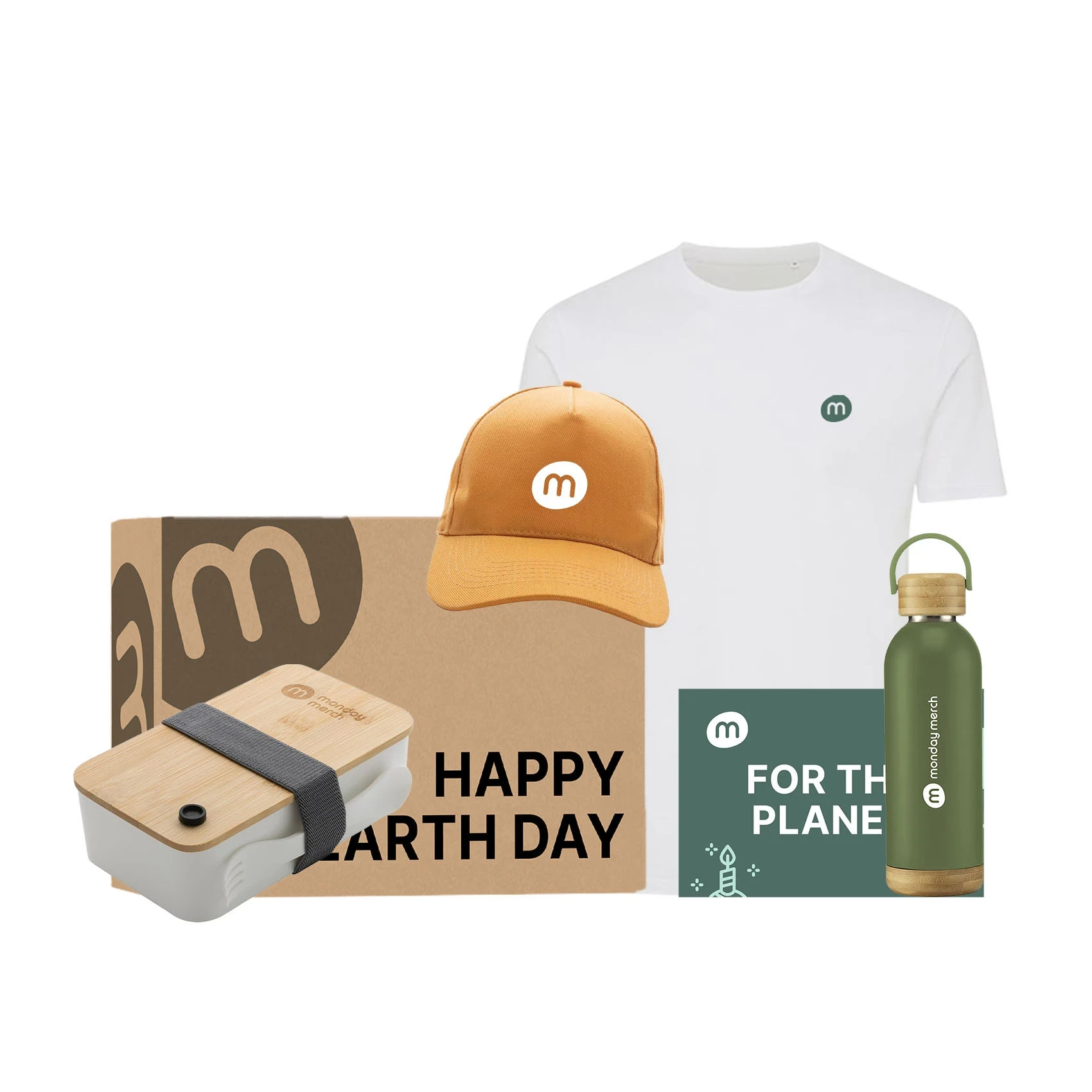 Collection of eco-friendly merchandise including a box, cap, lunch box, T-shirt, and water bottle with logos