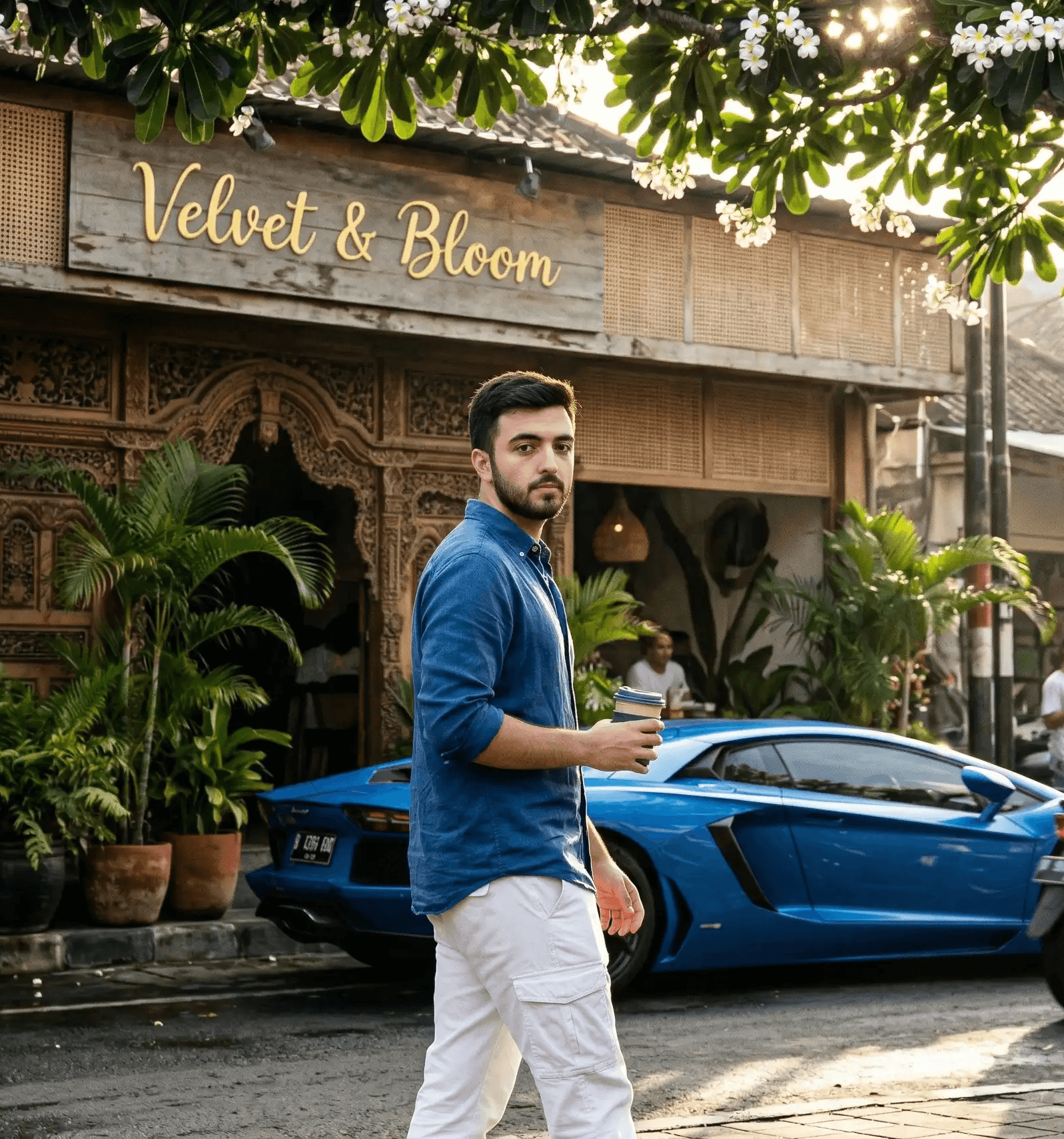 AI-generated lifestyle image of a man holding a coffee cup walking past a blue Lamborghini and a wooden storefront named Velvet & Bloom. AI image generation by Mahendra R.