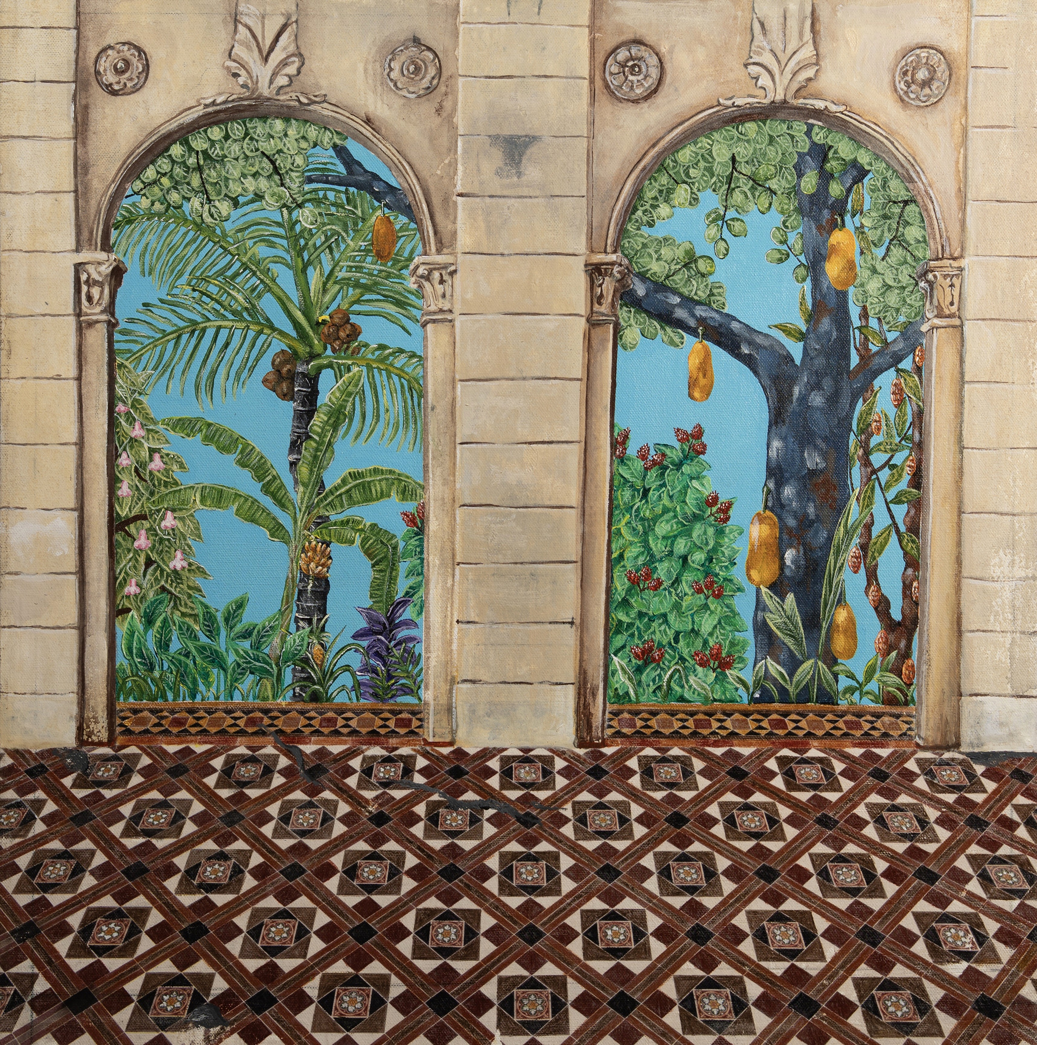 herd of sheep on road painting