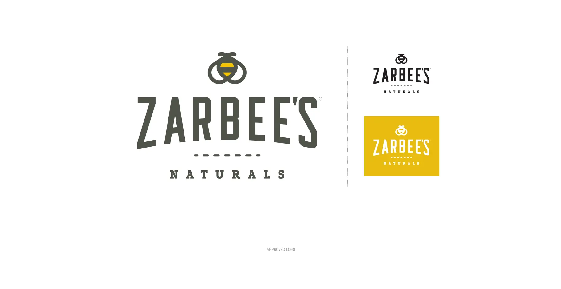 The approved Zarbee's Naturals logo — bold condensed serif lettering with the refined geometric Buzzy bee icon and dashed separator line, shown in the primary dark lockup with smaller-scale and reversed-on-yellow application variants. Labeled "Approved Logo."