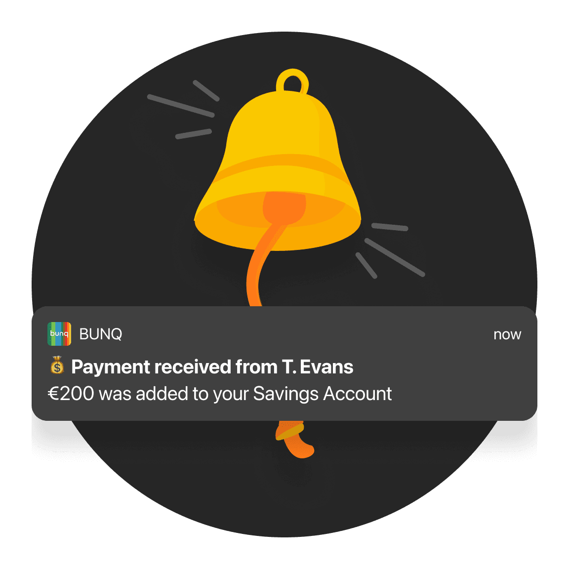Notification about a payment received, with an icon of a bell and a hand holding a yellow bell.