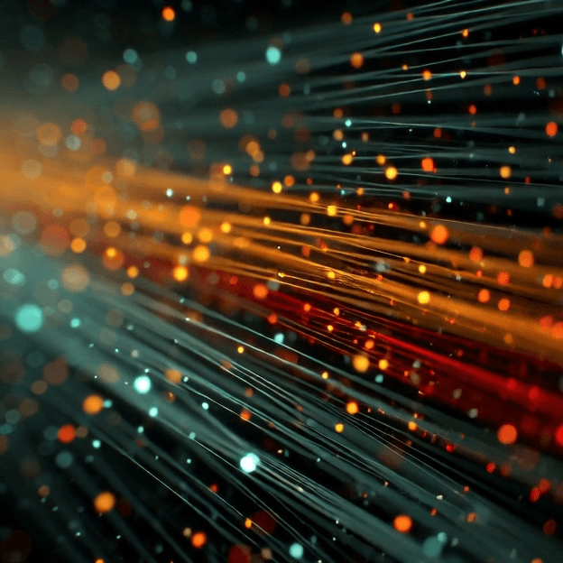 Abstract image featuring dynamic streams of light with orange and teal hues. The lines and bokeh dots convey motion and energy in a digital space.