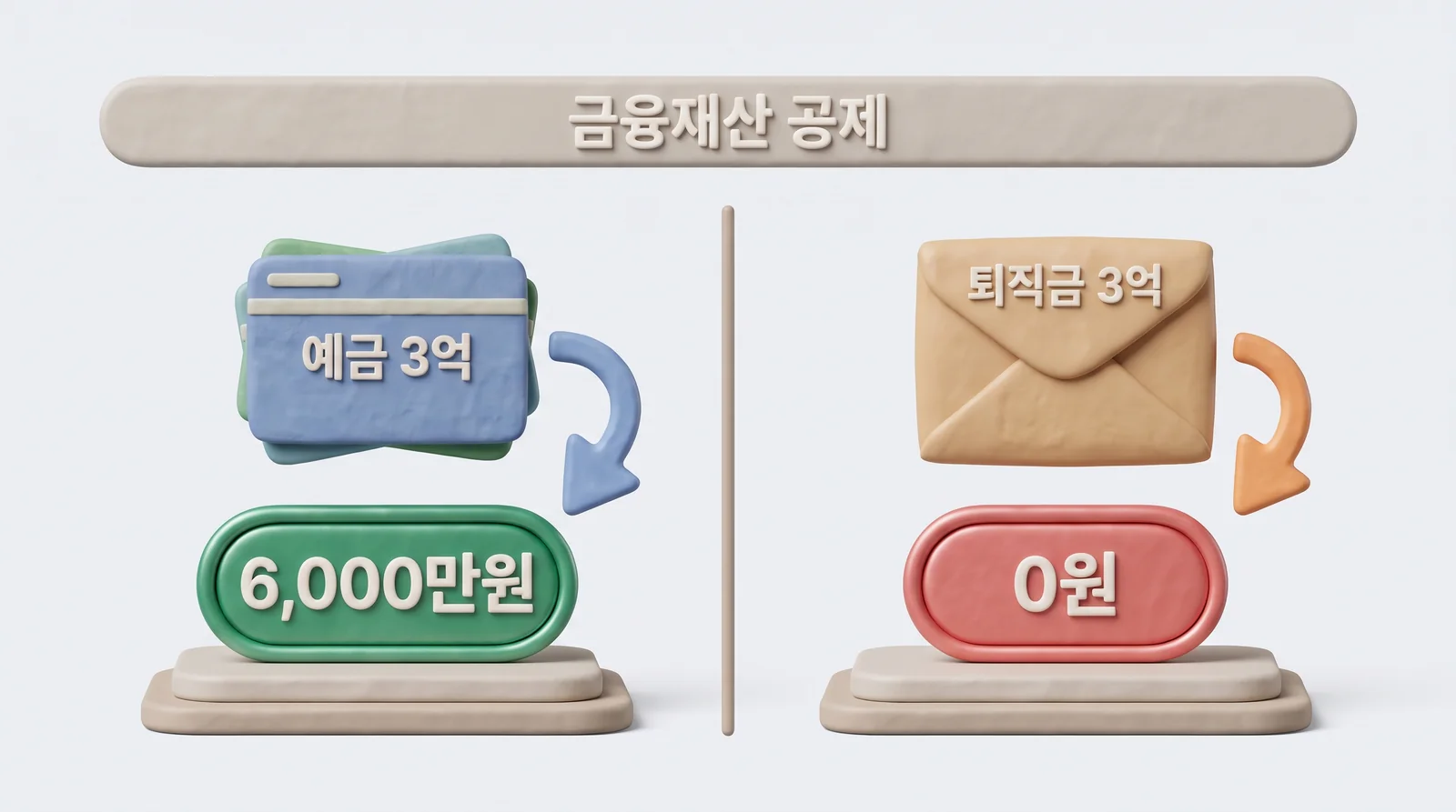 예금 3억은 금융재산 상속공제 6,000만원, 퇴직금 3억은 0원으로 갈리는 비교