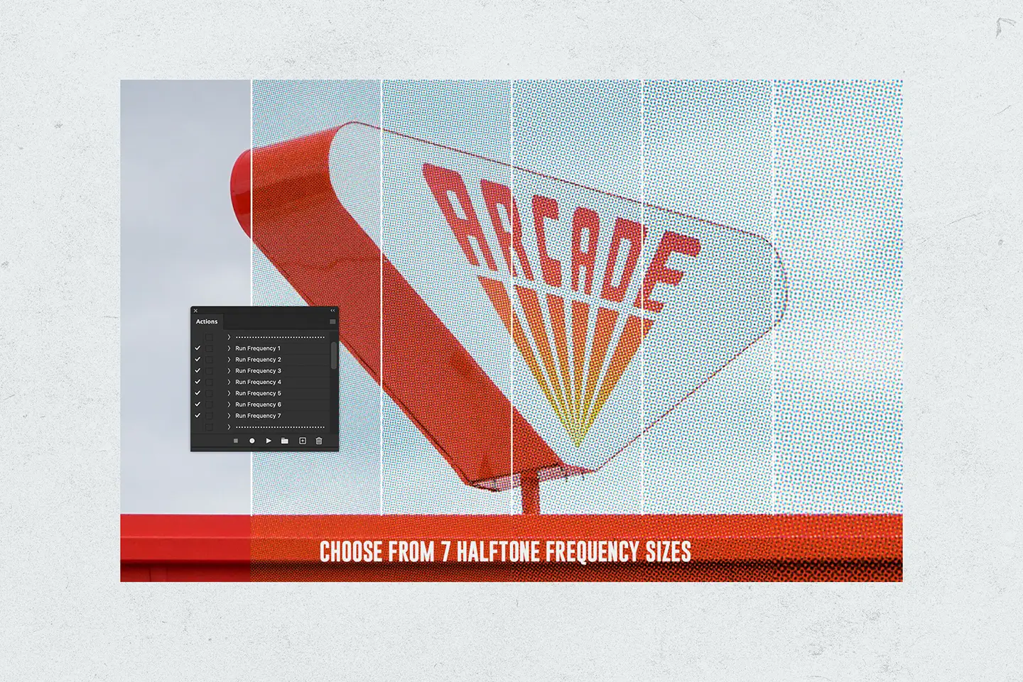 Comparison of seven different halftone frequency sizes available in the vintage offset printer add-on