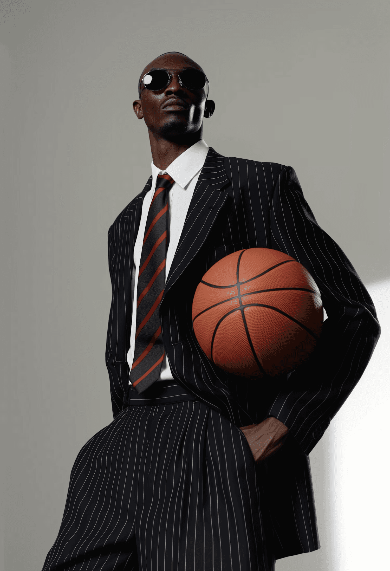 Stylish man in a pinstripe suit holding a basketball