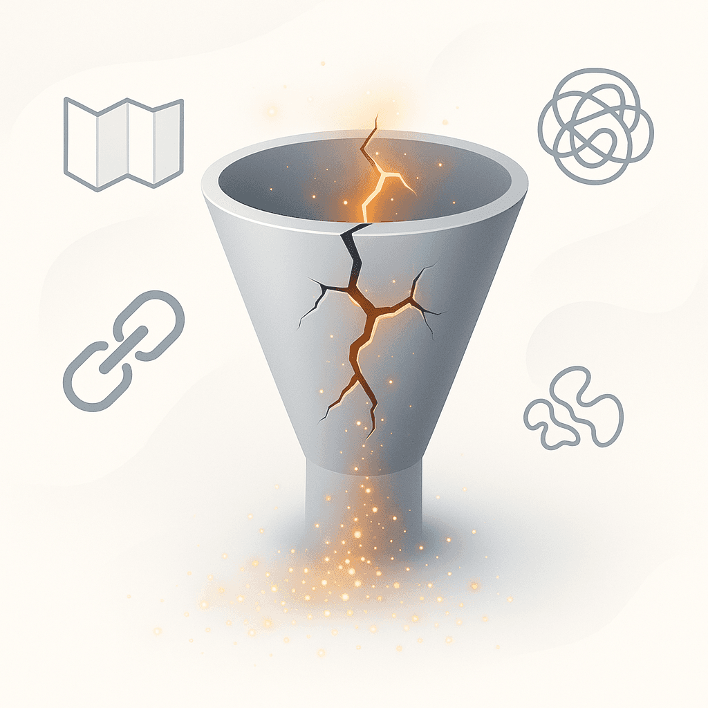 Illustration of a leaking sales funnel with three gaps symbolizing B2B traffic loss in AI search