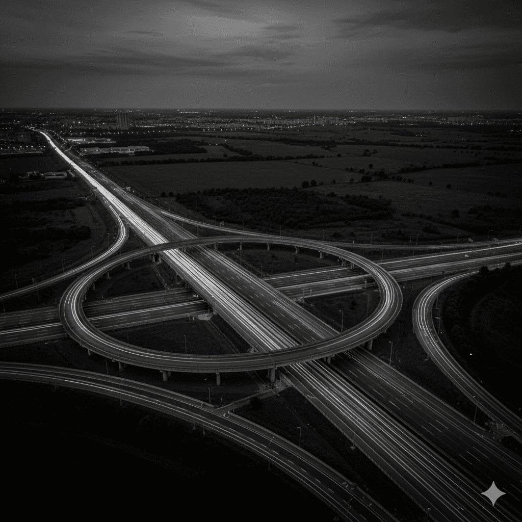 aerial black and white photo of multi-level highway interchange in Sector 15 Noida