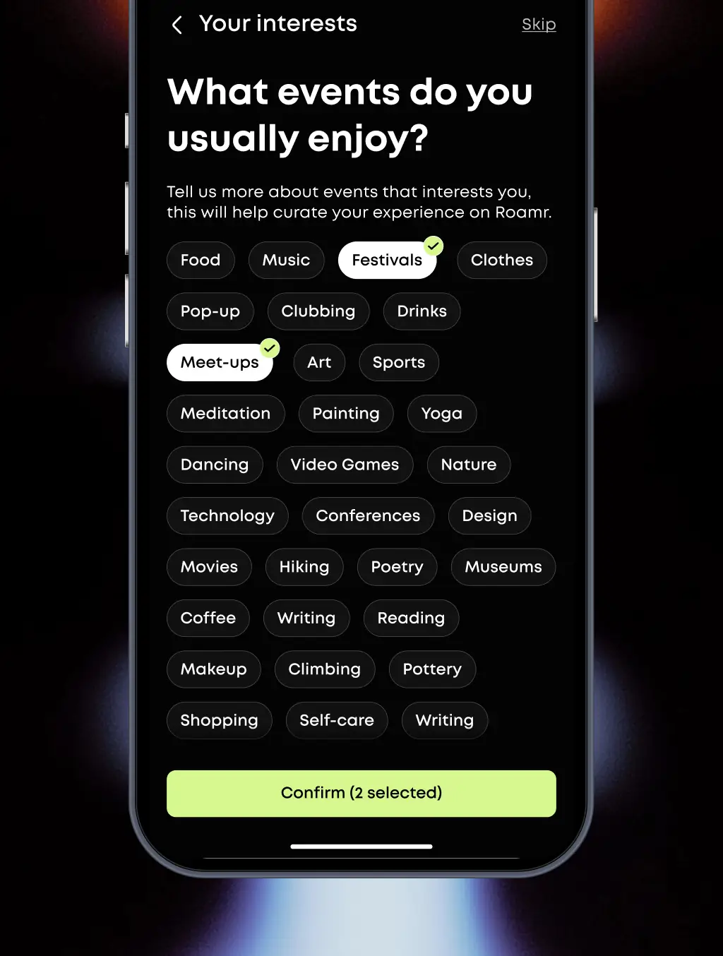 Phone mockup showing the feature where users pick their interests during onboarding.
