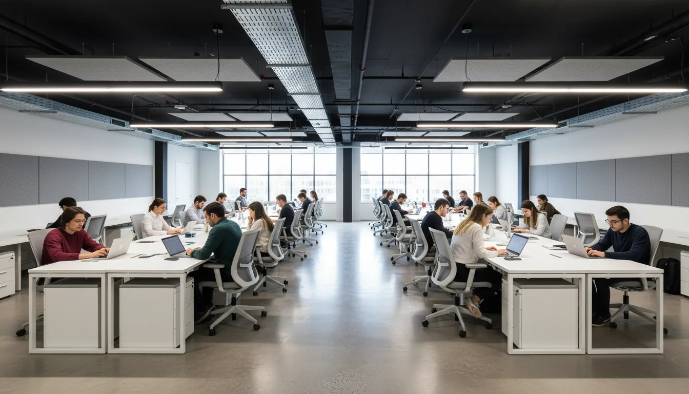 Wide-angle DSLR photograph of a modern, bustling open-plan tech office with an industrial aesthetic, viewed from eye-level. Rows of young professionals work on laptops at long white desks with grey ergonomic chairs. The space features a polished concrete floor, high black ceilings with exposed ductwork, grey acoustic panels, and long, bright linear light fixtures. Natural daylight fills the room from large windows in the background, creating a bright and even atmosphere with a deep depth of field and sharp focus.