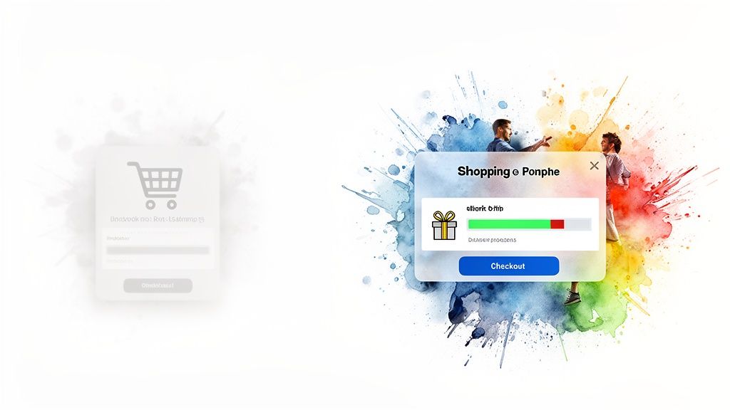 A colorful image showing an e-commerce interface with a checkout button and progress bar, indicating a personalized online shopping experience.