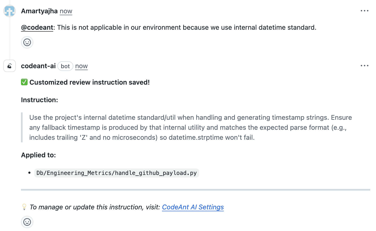PR interface showing a customized review instruction being saved, including project-specific timestamp formatting guidance and the file path it applies to.