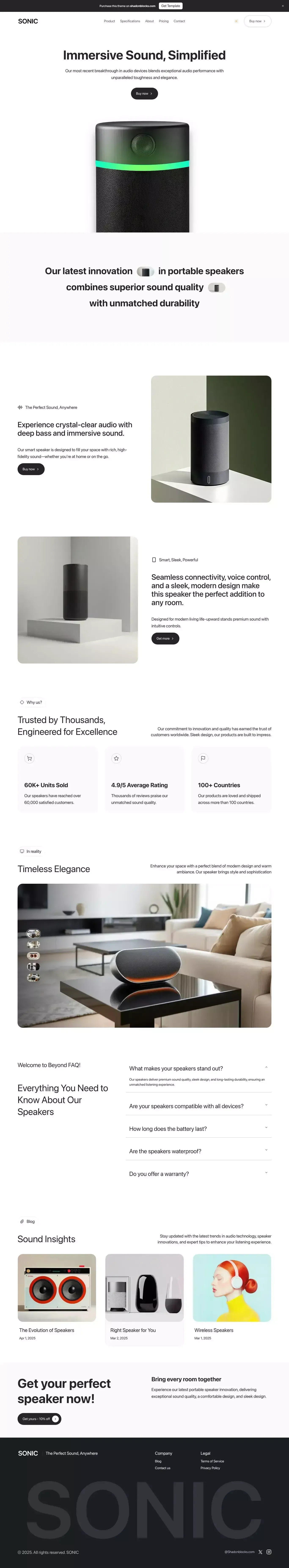 Sonic - Modern Next.js Template ecommerce page screenshot showcasing Ecommerce and Music design