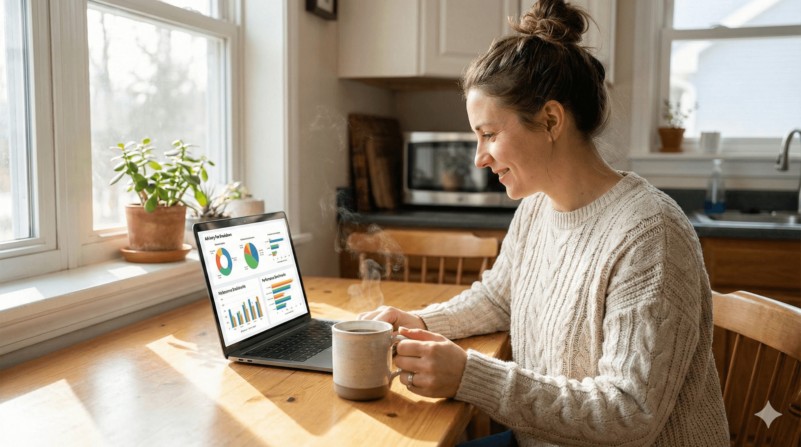 person at a kitchen table reviewing clear financial data on a laptop