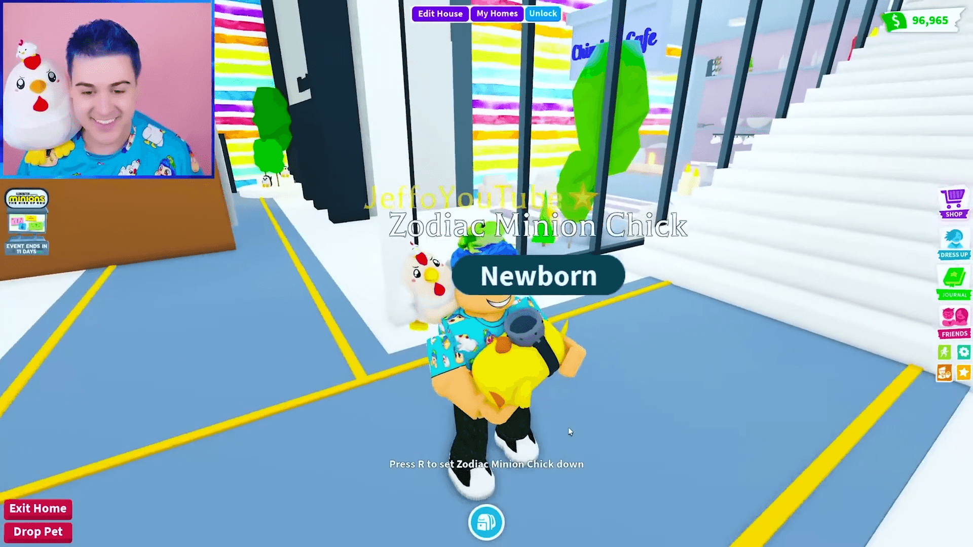 Jeffo on stream as his avatar carries a newborn Zodiac Minion Chick in Adopt Me
