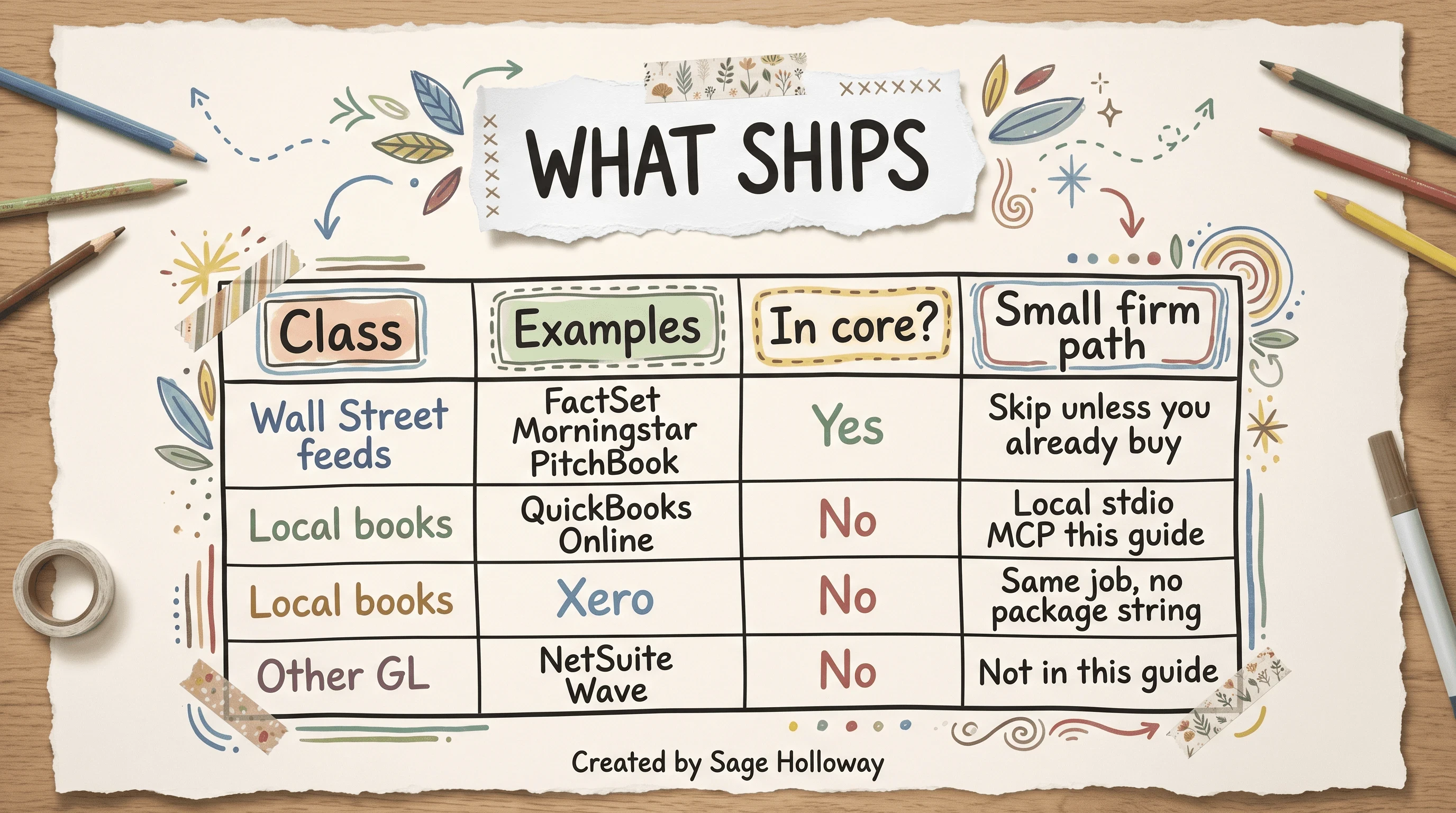 Scrapbook table titled WHAT SHIPS comparing Wall Street feeds that ship versus QuickBooks, Xero, NetSuite, and Wave