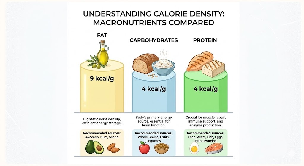 A modern nutrition infographic titled "Understanding Calorie Density" comparing macronutrients. It features three colored 3D pillars: Fat (yellow, 9 kcal/g) with an olive oil icon, Carbohydrates (blue, 4 kcal/g) with bread and rice icons, and Protein (green, 4 kcal/g) with chicken and tofu icons, all set against a clean white background.