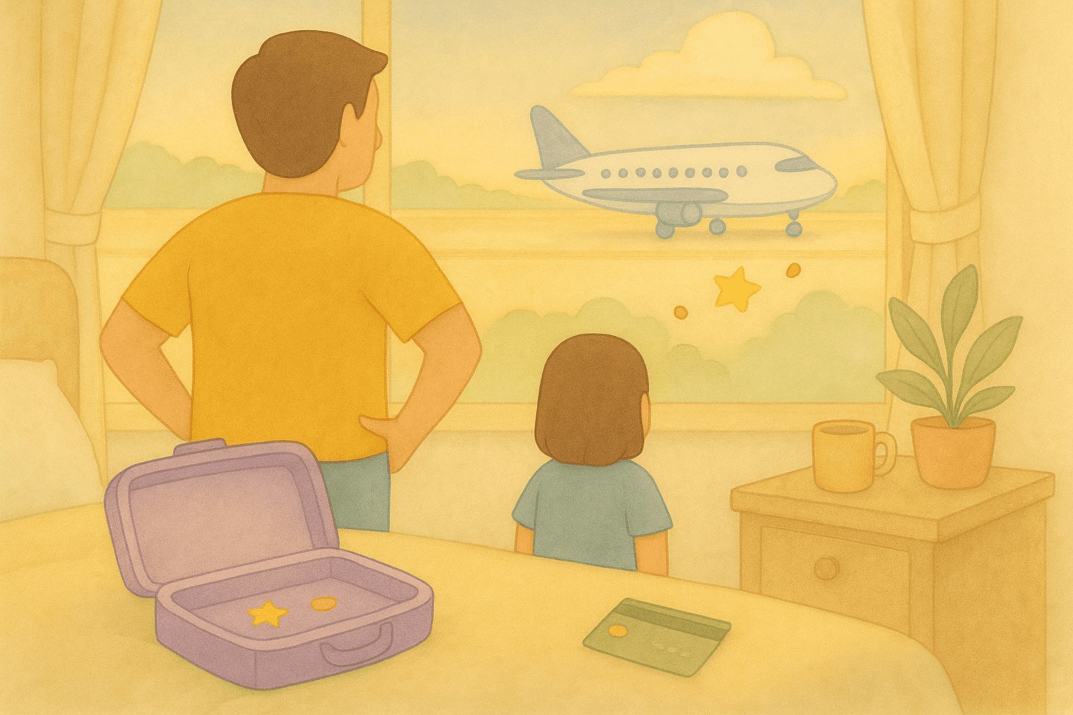 Ilustração em aquarela de um adulto e uma criança olhando um avião pela janela, com mala aberta e cartão sobre a mesa, representando o sonho de viajar usando pontos e milhas.